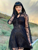Frauen Gothic Kleid Schwarze Spitze Sexy Polyester Neckholder NeckLine Langarm Midi Kleid