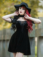 Frauen Gothic Midi Kleid Schwarz Bateau Neck Kurzarm Baumwolle Gothic Kleid