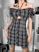 Frauen Gothic Midikleid Schwarz Plissee Gothic Baumwolle Kariertes Muster Kurze Ärmel Sommerkleid