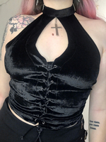 Frauen Gothic Neckholder Top Schwarz Lace Up Ösen Ärmellose koreanische Samt Sexy Tops