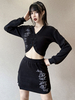 Frauen Gothic Zweiteiler Set Schwarz Polyester V-Ausschnitt Langarm Top Rock