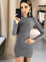Frauen Grau Bodycon Kleider Langarm Juwelenhals Unregelmäßiges Etuikleid Sexy Midi Fit Kleid
