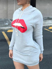 Frauen Grau Hoodie Langarm Bedruckt Baumwolle Hooded Sweatshirt