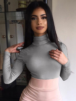 Frauen Grau Langarm T-Shirt Polyester Jewel Neck Sexy Top