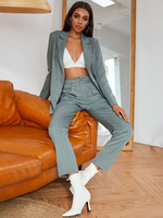 Frauen Grau Polyester Streifen Langarm Blazer Freizeithose Langarm Outfit Zweiteilige Sets