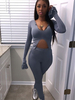 Frauen Grau U-Ausschnitt Lange Ärmel Piping High Low Design Lycra Spandex Gerade Sommer Einteiliges Outfit