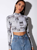 Frauen graues Hemd Langarm Polyester High Collar rückenfreies T-Shirt