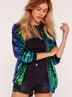 Frauen Green Jacke Stand Kragen Acryl Langarm Pailletten Windbreaker Casual Jacke