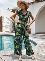 Frauen Grün V-Ausschnitt Kurzarm Polyester Sommer Playsuit Jumpsuit
