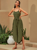 Frauen Grüne Träger Hals Ärmellose Schnürung Unregelmäßige Spaghettiträger Polyester Loose Summer Playsuit