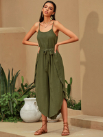 Frauen Grüne Träger Hals Ärmellose Schnürung Unregelmäßige Spaghettiträger Polyester Loose Summer Playsuit