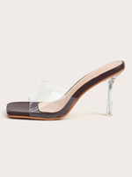 Frauen Hausschuhe Kaffee Brown Square Toe PU Leder Stiletto Absatz Sandale Hausschuhe