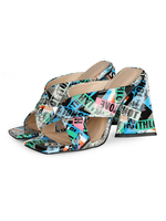 Frauen Heels Mules Blue Letters Gedrucktes Muster Square Toe Chunky Heel PU Leder Sommer Mules