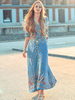 Frauen Hell Himmelblau Boho Kleid Halbarm Geteilte Bedruckte Lange Sommerkleid Maxikleid