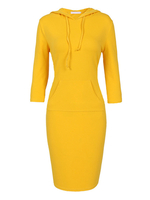 Frauen-Hemd-Kleider Gelb 3/4 Arm mit Kapuze Polyester; figurbetontes Kleid