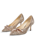 Frauen High Heel Party Schuhe Light Gold Pointed Toe Bows Pailletten Abendschuhe