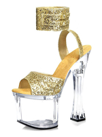 Frauen High Heel Sexy Sandalen Gelb Pailletten Tuch Offene Spitze Knöchelriemen Heels