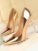 Frauen High Heels Champagner Spitze Zehe Slip On Pumps Dress Schuhe