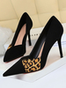 Frauen High Heels Chic Black Pointed Toe Leopard Wildleder Leder Stiletto Heels Schuhe