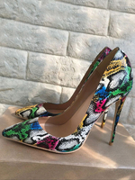 Frauen High Heels Green Pointed Toe Snake Muster Slip On Pumps Kleid Schuhe