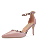 Frauen High Heels Knöchelriemen spitzen Zehen Farbblock Stiletto Heel Pink Rivets Kleid Schuhe
