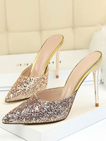 Frauen High Heels Pailletten Spitz Stiletto Mule Schuhe Champagne Abendschuhe