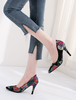 Frauen High Heels Satin Rose Spitzschuh Floral Printed Slip On Pumps