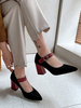 Frauen High Heels Schwarz Spitze Zehen Heiraten Jane Slip-On Schnalle Detail Chunky Heel Pumps