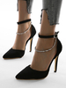 Frauen High Heels schwarz spitzen Zehen Strass Stöckelschuhe Pumps mit Knöchelriemen