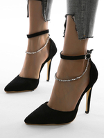 Frauen High Heels schwarz spitzen Zehen Strass Stöckelschuhe Pumps mit Knöchelriemen