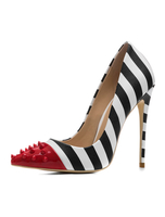 Frauen High Heels Spitznieten Schlüpfen Schuhe Schwarz Striped Stiletto Heels