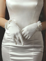 Frauen Hochzeitshandschuhe Weiß Satin Stoff Perlen Rüschen Brauthandschuhe