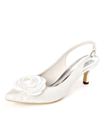 Frauen Hochzeitsschuhe White Satin Flowers Pointed Toe Kitten Heel Brautschuhe