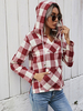 Frauen Hoodie Burgunder Plaid Long Sleeves High Low Design Kordelzug Kapuze Polyester Casual Tops