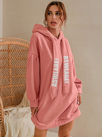 Frauen Hoodie Kleid Rosa Langarm Baumwolle Kapuze Sweatshirt Midi Kleid