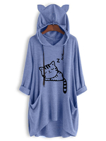 Frauen Hoodie Kleider Blau mit Kapuze 3/4 Länge Ärmel Cat Lace Up Lange Kapuzen-Sweatshirt mit Taschen