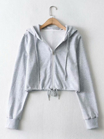 Frauen Hoodie Kurzmantel Grau Langarm Polyester Kapuzenpullover