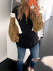 Frauen Hoodie Schwarz Langarm Leopardenmuster Reißverschluss Baumwollmischung Kapuzen Sweatshirt