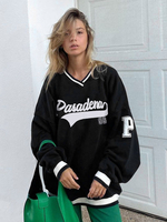Frauen Hoodie Schwarz Langarm Letters Print V-Ausschnitt Polyester Kapuzen-Sweatshirt