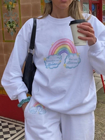 Frauen Hoodie Weiß Langarm Rainbow Printed Pattern Paspeln Baumwolle Kapuzen Sweatshirt