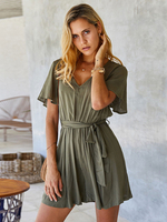 Frauen Hunter Green Jumpsuits V-Ausschnitt Kurzarm Polyester Sommer One Piece Outfit