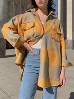 Frauen Jacke Gelb Plaid Turndown Kragen Polyester Midi Mäntel