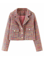 Frauen Jacke Pink Plaid Turndown Kragen Knöpfe Polyester Short Jacket
