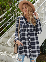 Frauen Jacke schwarz Turndown Kragen lange Ärmel Plaid Muster Casual Polyester Baumwolle Shirt