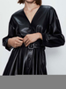 Frauen Jacke V-Ausschnitt Knöpfe PU Leder Langarm Jacke Kleid