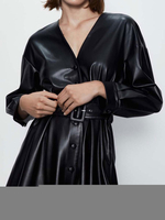 Frauen Jacke V-Ausschnitt Knöpfe PU Leder Langarm Jacke Kleid
