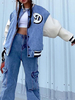 Frauen Jacken Jewel Neck Long Sleeves Letters Print Oversized Front Button Casual Baby Blue Winter Baseball Jacke