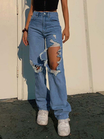 Frauen-Jeans-Hosen-Blau Cut Out Denim-Hose