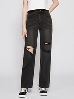 Frauen Jeans Hosen Schwarze Baumwoll-Reißverschluss Fliegen lange gerade Denim-Hose