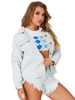 Frauen Jeans Jacken Turndown Kragen Unregelmäßige Frontknopf Cowboy Cut Out Street Wear Baby Blue Jacke